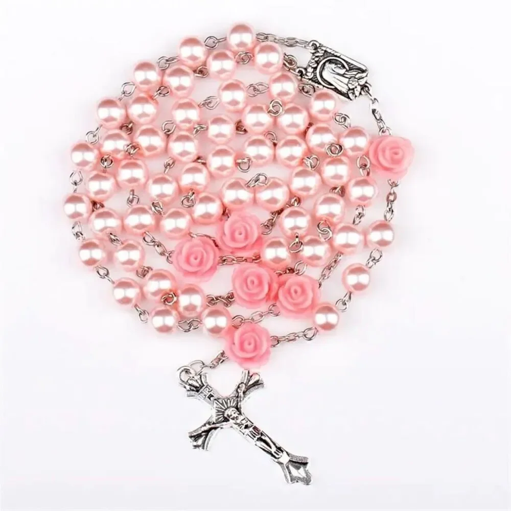 6MM Pink Pearl Beaded Rose Rosary Necklace Women Chain Crucifix Cross Pendant